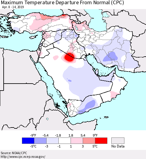 Middle East and Turkey Mean Maximum Temperature Departure from Normal (CPC) Thematic Map For 4/8/2019 - 4/14/2019