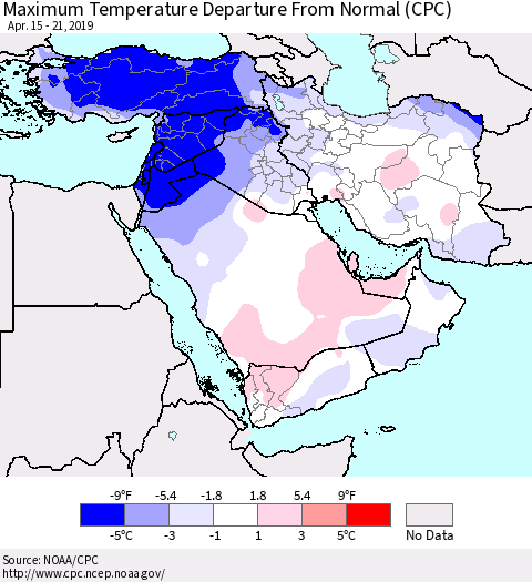 Middle East and Turkey Mean Maximum Temperature Departure from Normal (CPC) Thematic Map For 4/15/2019 - 4/21/2019