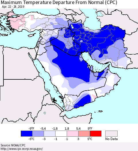 Middle East and Turkey Mean Maximum Temperature Departure from Normal (CPC) Thematic Map For 4/22/2019 - 4/28/2019