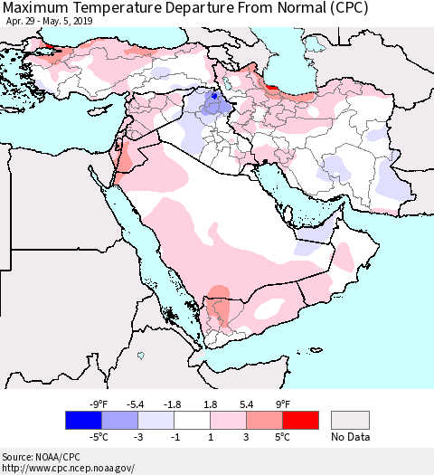 Middle East and Turkey Mean Maximum Temperature Departure from Normal (CPC) Thematic Map For 4/29/2019 - 5/5/2019