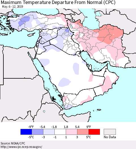 Middle East and Turkey Mean Maximum Temperature Departure from Normal (CPC) Thematic Map For 5/6/2019 - 5/12/2019