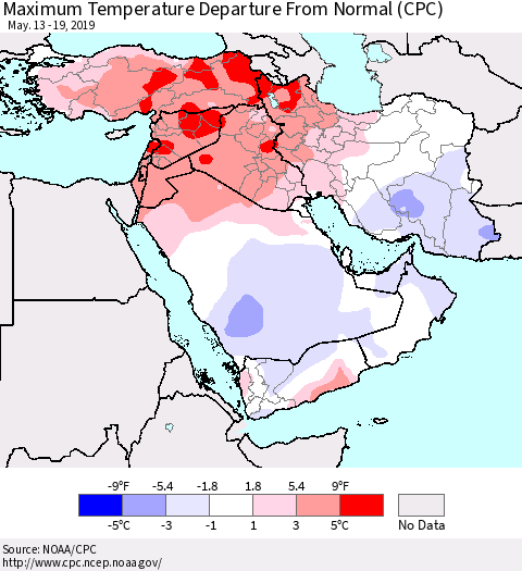 Middle East and Turkey Mean Maximum Temperature Departure from Normal (CPC) Thematic Map For 5/13/2019 - 5/19/2019
