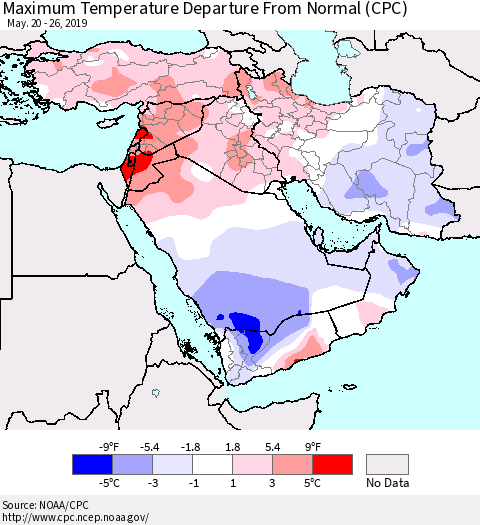 Middle East and Turkey Mean Maximum Temperature Departure from Normal (CPC) Thematic Map For 5/20/2019 - 5/26/2019