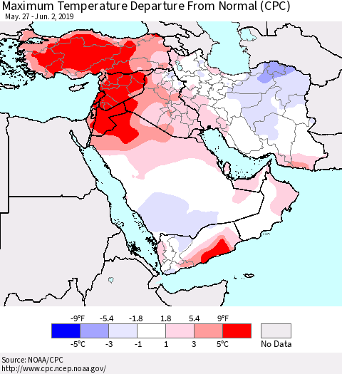 Middle East and Turkey Mean Maximum Temperature Departure from Normal (CPC) Thematic Map For 5/27/2019 - 6/2/2019