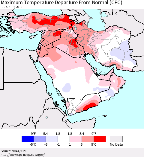 Middle East and Turkey Mean Maximum Temperature Departure from Normal (CPC) Thematic Map For 6/3/2019 - 6/9/2019