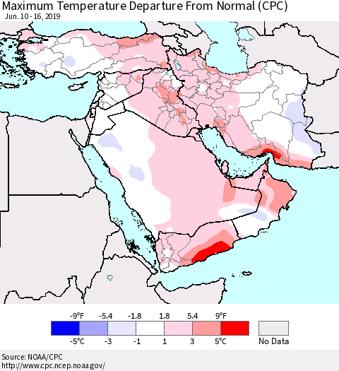 Middle East and Turkey Mean Maximum Temperature Departure from Normal (CPC) Thematic Map For 6/10/2019 - 6/16/2019