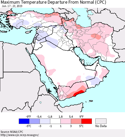 Middle East and Turkey Mean Maximum Temperature Departure from Normal (CPC) Thematic Map For 6/17/2019 - 6/23/2019