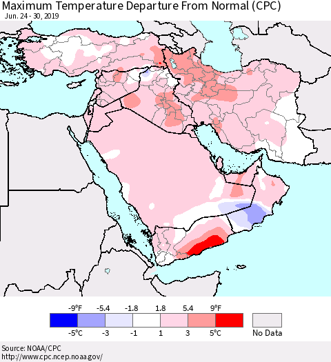 Middle East and Turkey Mean Maximum Temperature Departure from Normal (CPC) Thematic Map For 6/24/2019 - 6/30/2019