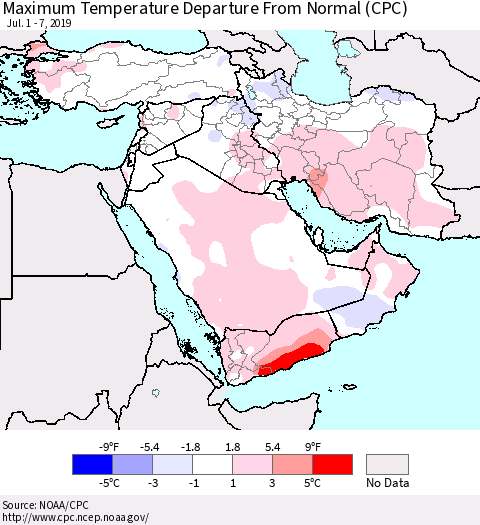 Middle East and Turkey Mean Maximum Temperature Departure from Normal (CPC) Thematic Map For 7/1/2019 - 7/7/2019