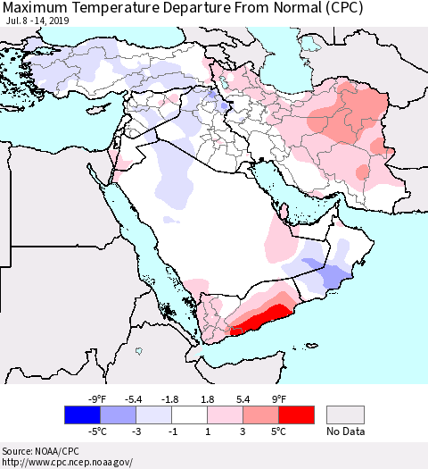 Middle East and Turkey Mean Maximum Temperature Departure from Normal (CPC) Thematic Map For 7/8/2019 - 7/14/2019