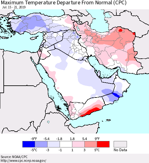 Middle East and Turkey Mean Maximum Temperature Departure from Normal (CPC) Thematic Map For 7/15/2019 - 7/21/2019