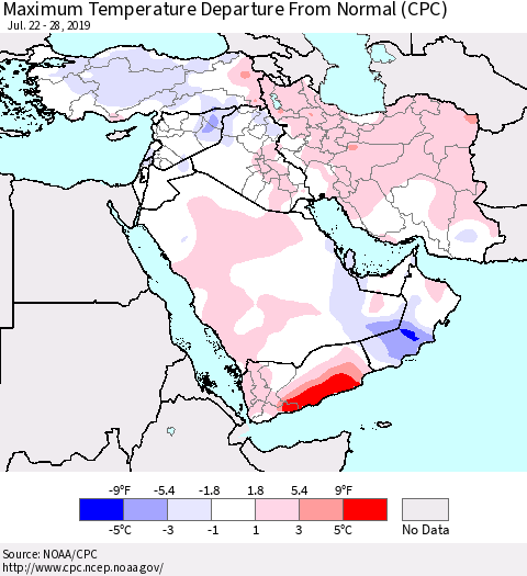 Middle East and Turkey Mean Maximum Temperature Departure from Normal (CPC) Thematic Map For 7/22/2019 - 7/28/2019