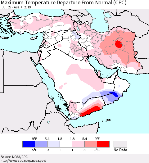Middle East and Turkey Mean Maximum Temperature Departure from Normal (CPC) Thematic Map For 7/29/2019 - 8/4/2019