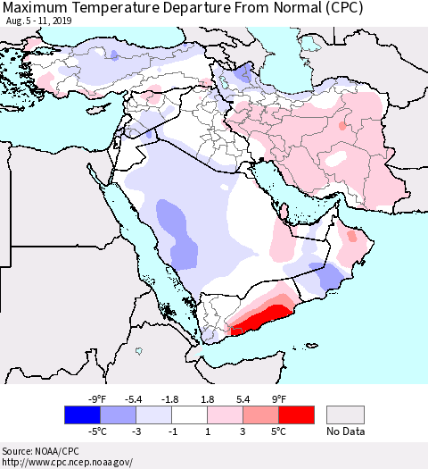 Middle East and Turkey Mean Maximum Temperature Departure from Normal (CPC) Thematic Map For 8/5/2019 - 8/11/2019