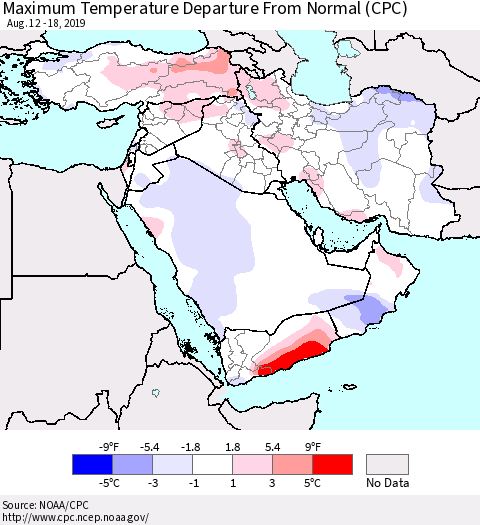 Middle East and Turkey Mean Maximum Temperature Departure from Normal (CPC) Thematic Map For 8/12/2019 - 8/18/2019