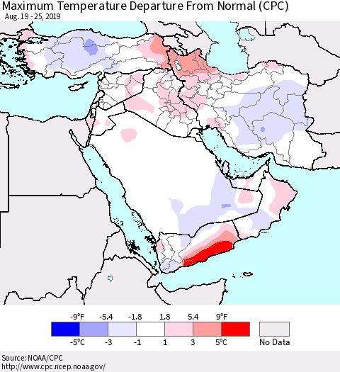 Middle East and Turkey Mean Maximum Temperature Departure from Normal (CPC) Thematic Map For 8/19/2019 - 8/25/2019