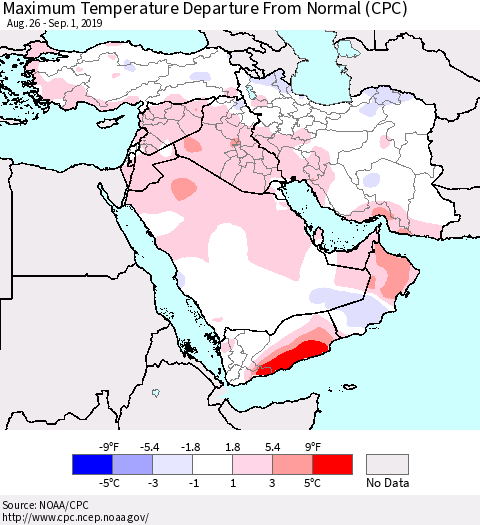 Middle East and Turkey Mean Maximum Temperature Departure from Normal (CPC) Thematic Map For 8/26/2019 - 9/1/2019