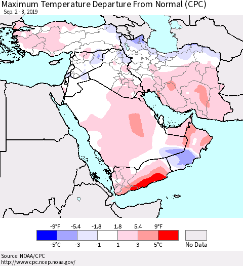 Middle East and Turkey Mean Maximum Temperature Departure from Normal (CPC) Thematic Map For 9/2/2019 - 9/8/2019