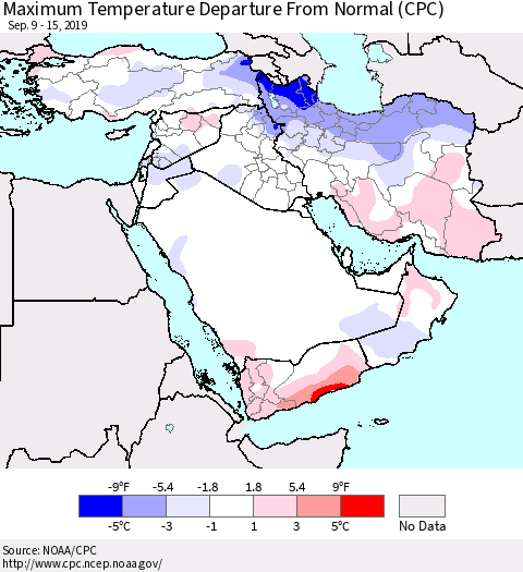 Middle East and Turkey Mean Maximum Temperature Departure from Normal (CPC) Thematic Map For 9/9/2019 - 9/15/2019