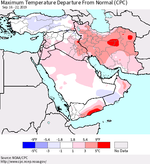 Middle East and Turkey Mean Maximum Temperature Departure from Normal (CPC) Thematic Map For 9/16/2019 - 9/22/2019