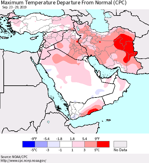 Middle East and Turkey Mean Maximum Temperature Departure from Normal (CPC) Thematic Map For 9/23/2019 - 9/29/2019