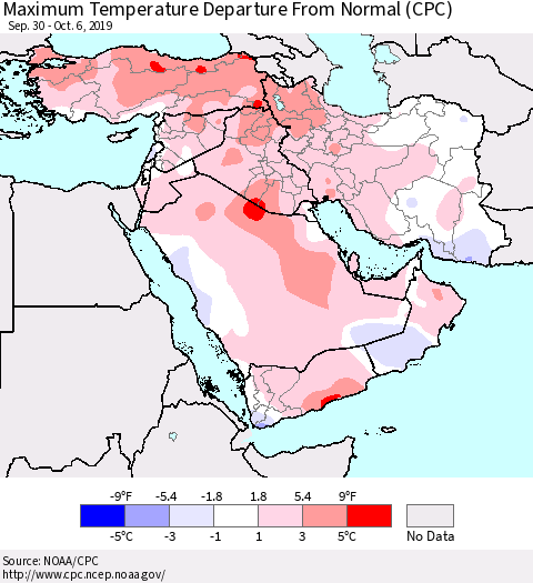 Middle East and Turkey Mean Maximum Temperature Departure from Normal (CPC) Thematic Map For 9/30/2019 - 10/6/2019