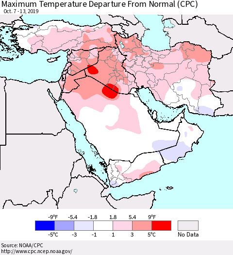 Middle East and Turkey Mean Maximum Temperature Departure from Normal (CPC) Thematic Map For 10/7/2019 - 10/13/2019