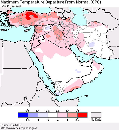 Middle East and Turkey Mean Maximum Temperature Departure from Normal (CPC) Thematic Map For 10/14/2019 - 10/20/2019