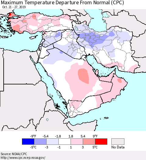 Middle East and Turkey Mean Maximum Temperature Departure from Normal (CPC) Thematic Map For 10/21/2019 - 10/27/2019