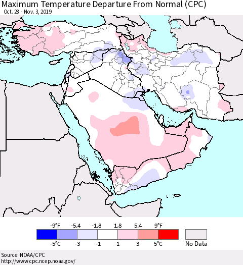 Middle East and Turkey Mean Maximum Temperature Departure from Normal (CPC) Thematic Map For 10/28/2019 - 11/3/2019