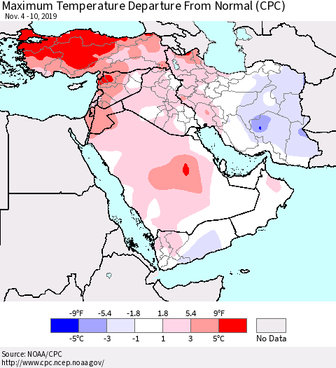 Middle East and Turkey Mean Maximum Temperature Departure from Normal (CPC) Thematic Map For 11/4/2019 - 11/10/2019