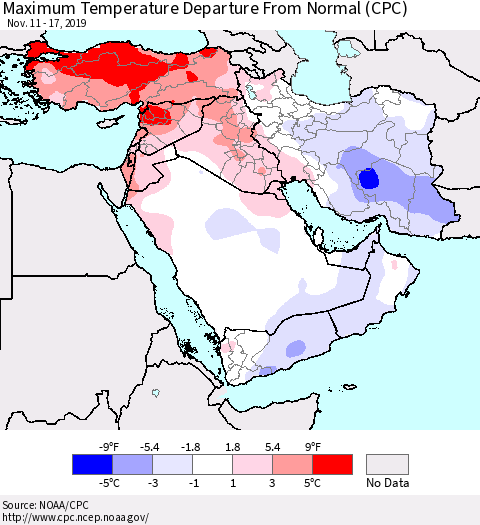 Middle East and Turkey Mean Maximum Temperature Departure from Normal (CPC) Thematic Map For 11/11/2019 - 11/17/2019