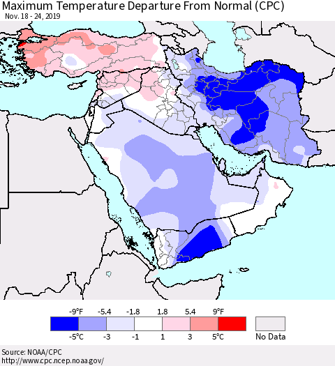 Middle East and Turkey Mean Maximum Temperature Departure from Normal (CPC) Thematic Map For 11/18/2019 - 11/24/2019