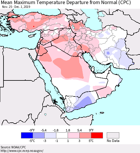Middle East and Turkey Mean Maximum Temperature Departure from Normal (CPC) Thematic Map For 11/25/2019 - 12/1/2019