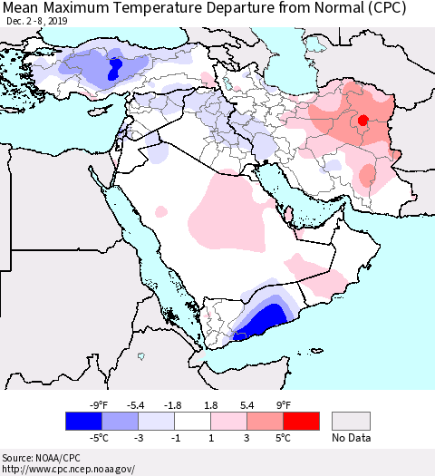 Middle East and Turkey Mean Maximum Temperature Departure from Normal (CPC) Thematic Map For 12/2/2019 - 12/8/2019