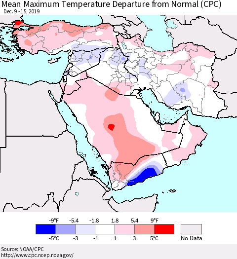 Middle East and Turkey Mean Maximum Temperature Departure from Normal (CPC) Thematic Map For 12/9/2019 - 12/15/2019