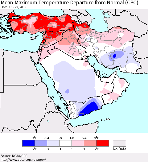 Middle East and Turkey Mean Maximum Temperature Departure from Normal (CPC) Thematic Map For 12/16/2019 - 12/22/2019