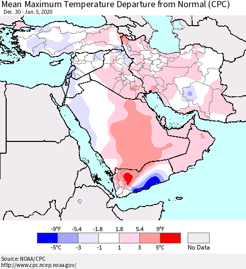 Middle East and Turkey Mean Maximum Temperature Departure from Normal (CPC) Thematic Map For 12/30/2019 - 1/5/2020