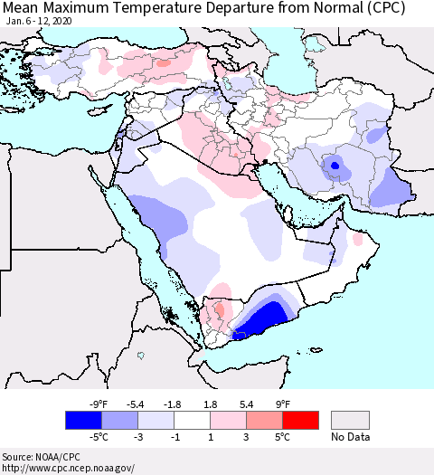 Middle East and Turkey Mean Maximum Temperature Departure from Normal (CPC) Thematic Map For 1/6/2020 - 1/12/2020