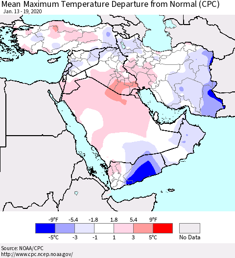Middle East and Turkey Mean Maximum Temperature Departure from Normal (CPC) Thematic Map For 1/13/2020 - 1/19/2020