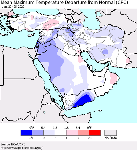 Middle East and Turkey Mean Maximum Temperature Departure from Normal (CPC) Thematic Map For 1/20/2020 - 1/26/2020