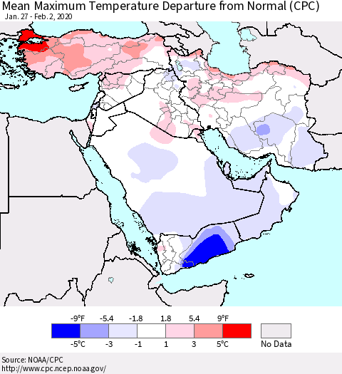 Middle East and Turkey Mean Maximum Temperature Departure from Normal (CPC) Thematic Map For 1/27/2020 - 2/2/2020