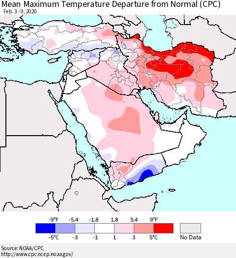 Middle East and Turkey Mean Maximum Temperature Departure from Normal (CPC) Thematic Map For 2/3/2020 - 2/9/2020