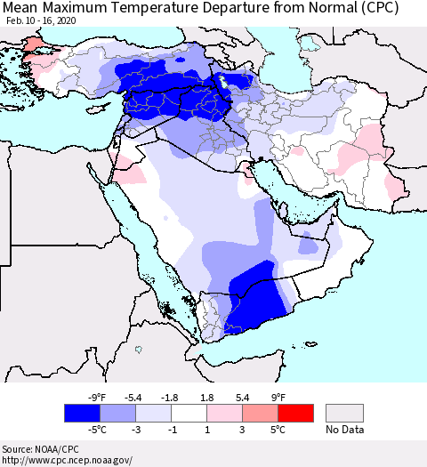 Middle East and Turkey Mean Maximum Temperature Departure from Normal (CPC) Thematic Map For 2/10/2020 - 2/16/2020