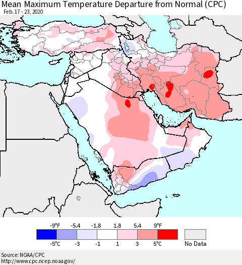 Middle East and Turkey Mean Maximum Temperature Departure from Normal (CPC) Thematic Map For 2/17/2020 - 2/23/2020