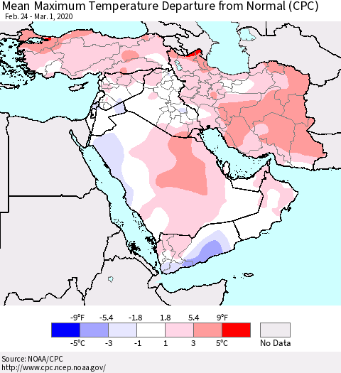 Middle East and Turkey Mean Maximum Temperature Departure from Normal (CPC) Thematic Map For 2/24/2020 - 3/1/2020