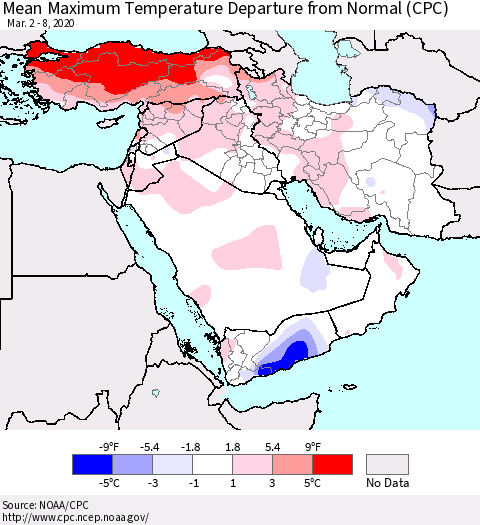 Middle East and Turkey Mean Maximum Temperature Departure from Normal (CPC) Thematic Map For 3/2/2020 - 3/8/2020