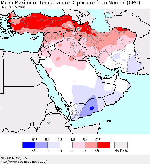 Middle East and Turkey Mean Maximum Temperature Departure from Normal (CPC) Thematic Map For 3/9/2020 - 3/15/2020