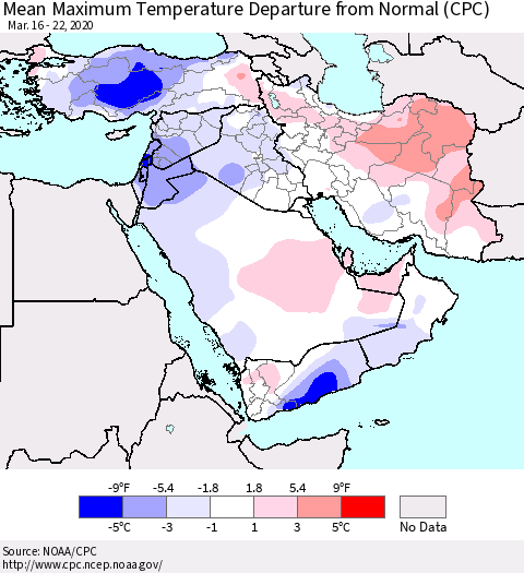 Middle East and Turkey Mean Maximum Temperature Departure from Normal (CPC) Thematic Map For 3/16/2020 - 3/22/2020