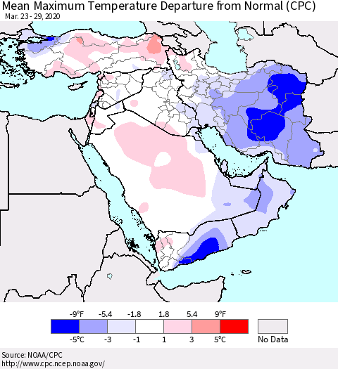 Middle East and Turkey Mean Maximum Temperature Departure from Normal (CPC) Thematic Map For 3/23/2020 - 3/29/2020